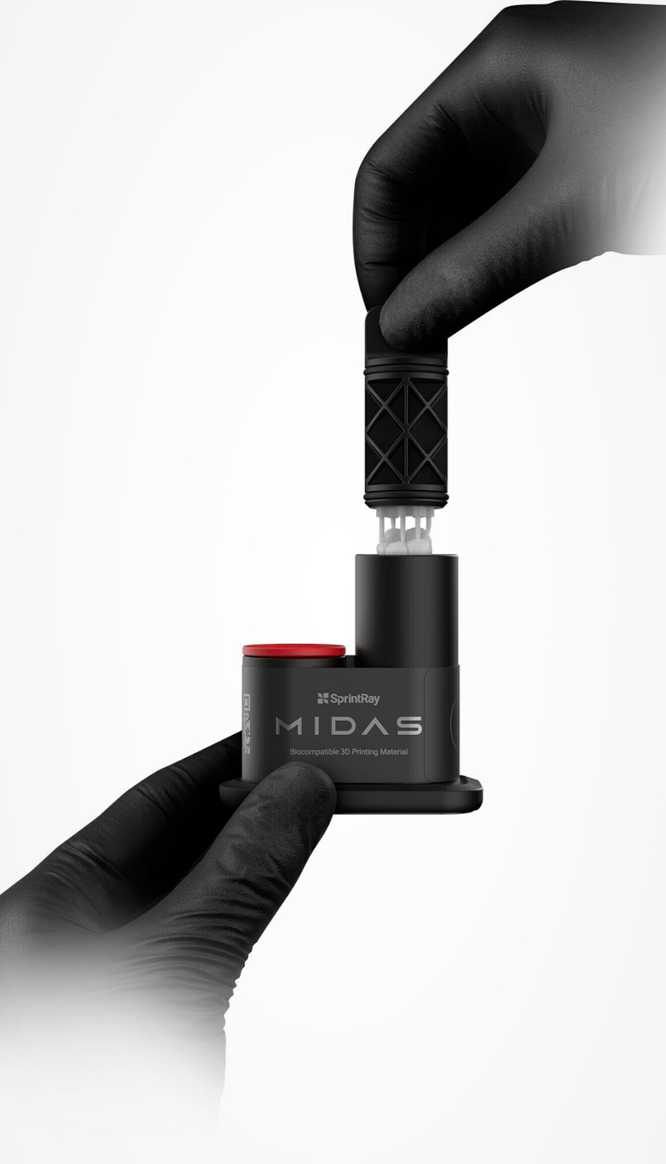 The Midas resin capsule contains everything needed to print a restoration. The pressurised resin chamber houses viscous material that is pressed and dispensed into the build area using hydrodynamic principles.