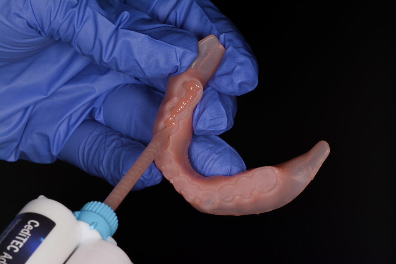 Fig. 9: Filling the tooth compartments of the denture bases with CediTEC Adhesive.