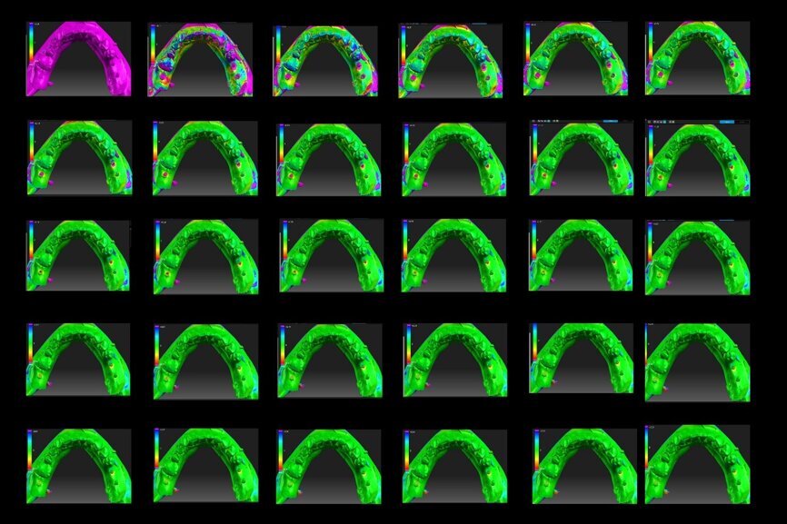 Fig. 1: Example of deviation maps set for FH01. The pink colour indicates areas where the deviations exceeded the tolerance level established for the particular map;
the remaining colours indicate areas within the accepted range.