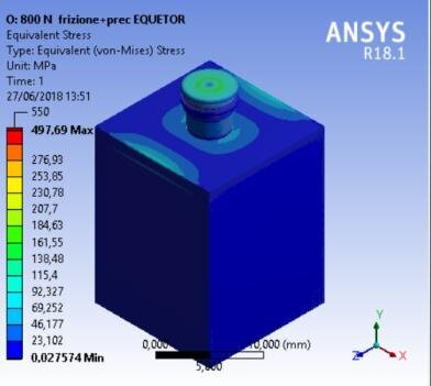 Fig. 8c - Von Mises results of the complex bone fixture and prosthodontics attachments. Three-dimensional view of the stress distribution, OT Equator prosthesis abutment.