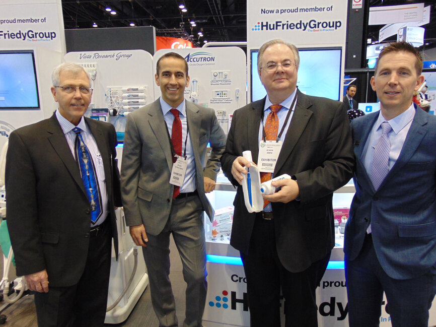 As announced at the Midwinter Meeting, Crosstex is now a member of the Hu Friedy Group. From left: Chris Wilson, Jeff Heinz, Joe Mayne and Stephan Nugent.