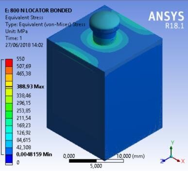 Fig. 8b - Von Mises results of the complex bone fixture and prosthodontics attachments. Three-dimensional view of the stress distribution, locator prosthesis abutment.