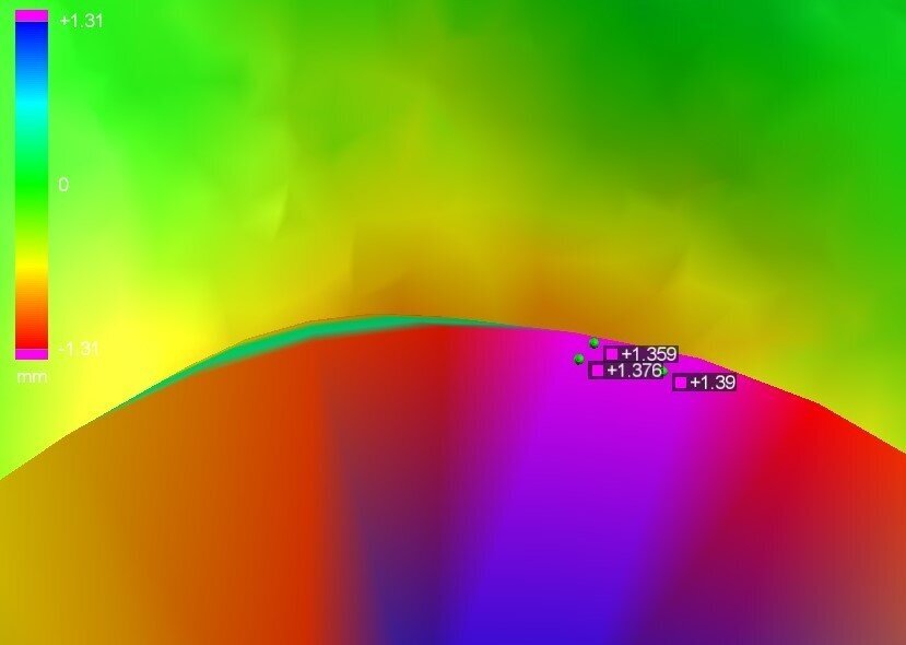 Fig. 2: An example of the area where the established tolerance level for implant FH01l was exceeded, with some point deviations marked.