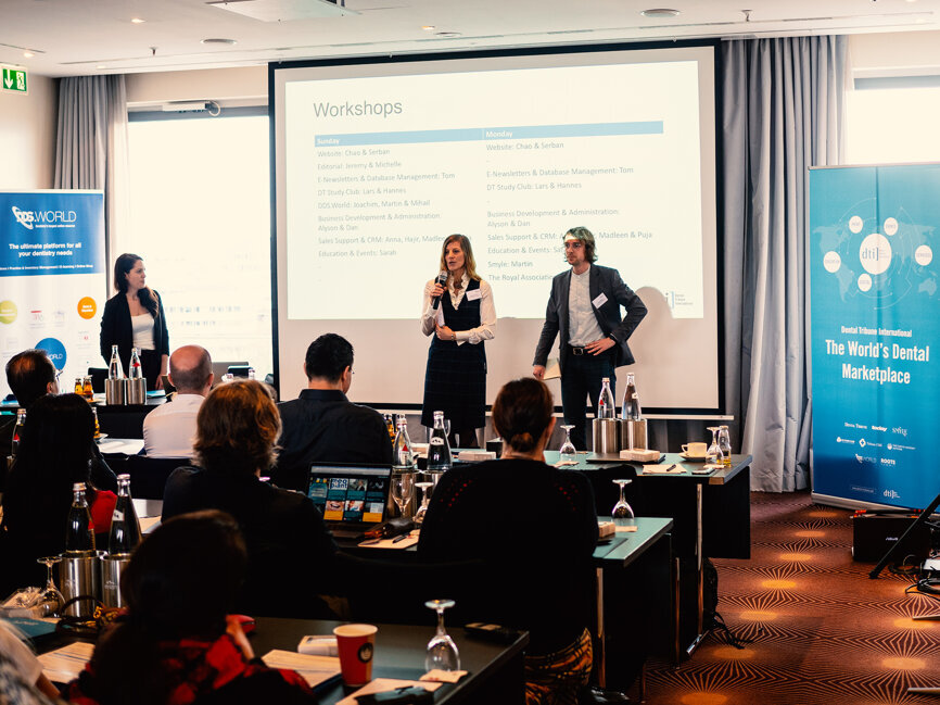 Michelle Hodas (middle) and Jeremy Booth, both Senior Editors at Dental Tribune International, introduced themselves to the audience. (Photograph: Tom Carvalho, DTI)