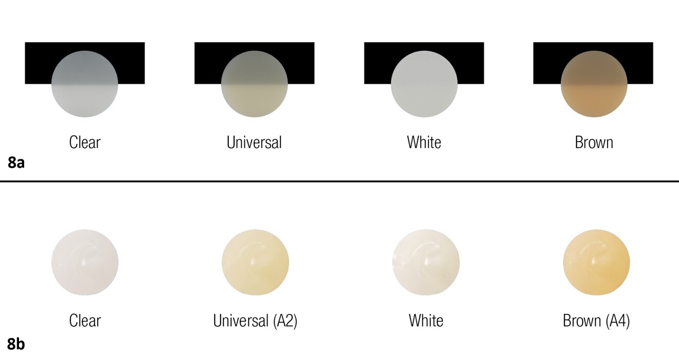 Figs. 8a & b: Available shades of PANAVIA Veneer LC paste (a) and the corresponding PANAVIA V5 try-in pastes (b).