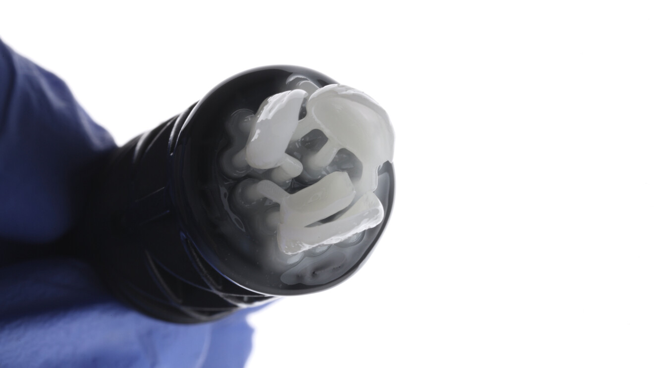 Fig. 4a: Post-printing evaluation and finishing. Printed veneers immediately after fabrication, still attached to the capsule/platform and covered with residual resin before cleaning.