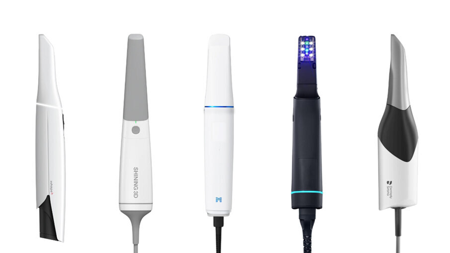 Fig. 1 - TRIOS 5 (a). Aoralscan 3 (b). Medit i900 (c). ITero Lumina (d). CEREC Primescan (e).