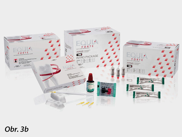 Příklady skloionomerů: Riva self cure (SDI) a EQUIA Forte (GC) – bioaktivní materiály, které remineralizují