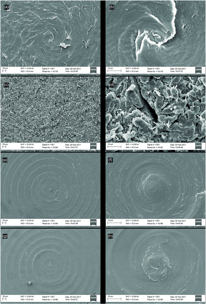 Fig. 1 : Micrographies par microscopie électronique à balayage de : (a et b) polyétherethercetone (PEEK), (c et d) PEEK sable, (e et f) titane pur commercial, et (g et h) titane-6 aluminum-4 vanadium. Images a gauche : trait représentant l’échelle = 20 μm, et images agrandies a droite, trait représentant l’échelle = 10 μm.