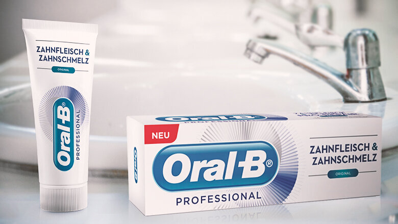 Die neue Zahncreme Oral-B Professional Zahnfleisch & Zahnschmelz, welche speziell für die Förderung der Zahnfleischgesundheit entwickelt wurde. (Photograph: Oral-B)