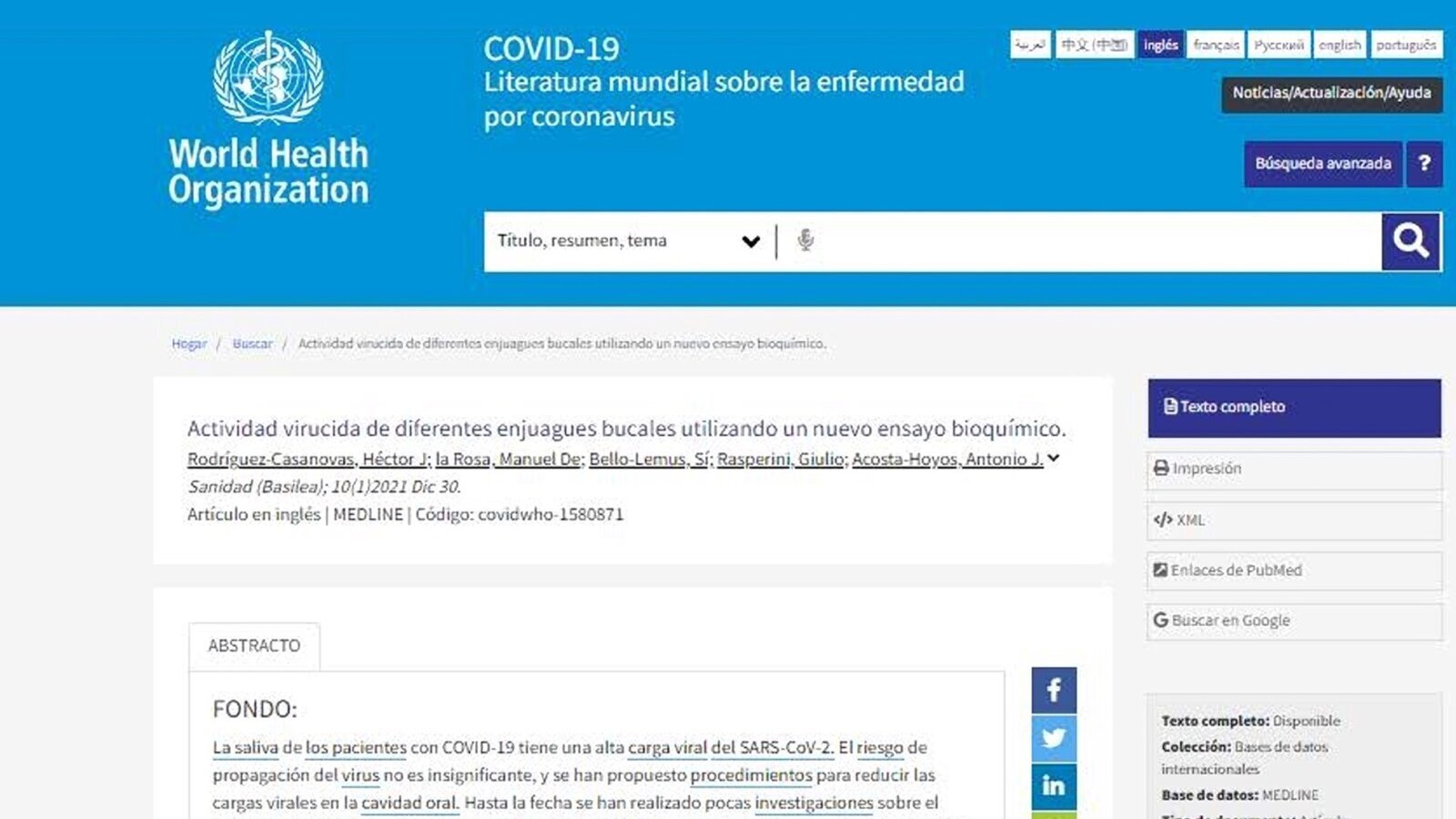 Un colutorio que desactiva el SARS-CoV-2