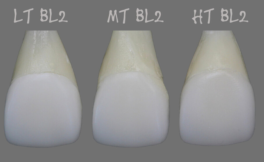 Fig. 3a Value and masking effect; LT, MT and HT ingots in comparison; thickness of the veneering material: 0.8–1 mm. 