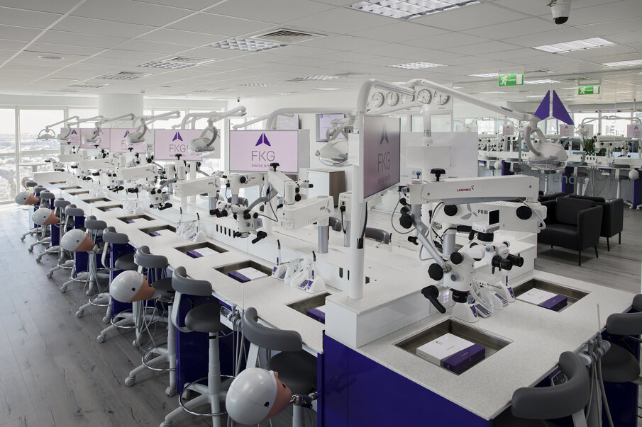Training table with 24 seats, monitors, FKG training kits, Endo motor and Apex Locator, Labomed Microscopes, Phantom Heads, Surgery LED lights, Dental Stools