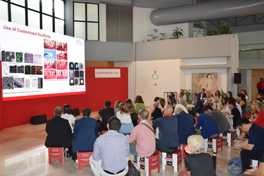 Attendees watch a lecture streamed live from the Lisbon Congress Centre’s auditorium. (Photograph: DTI)