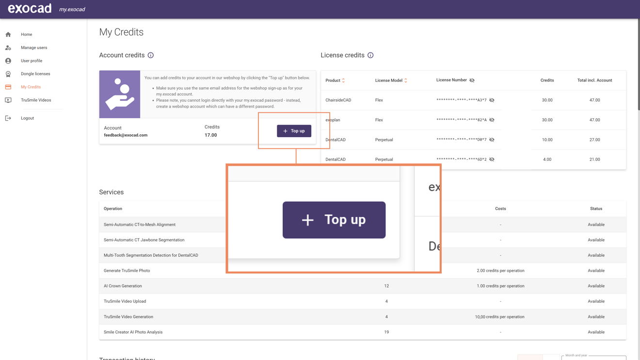 Fig. 2: The Top up account button leads to the exocad webshop for purchasing exocad credits.