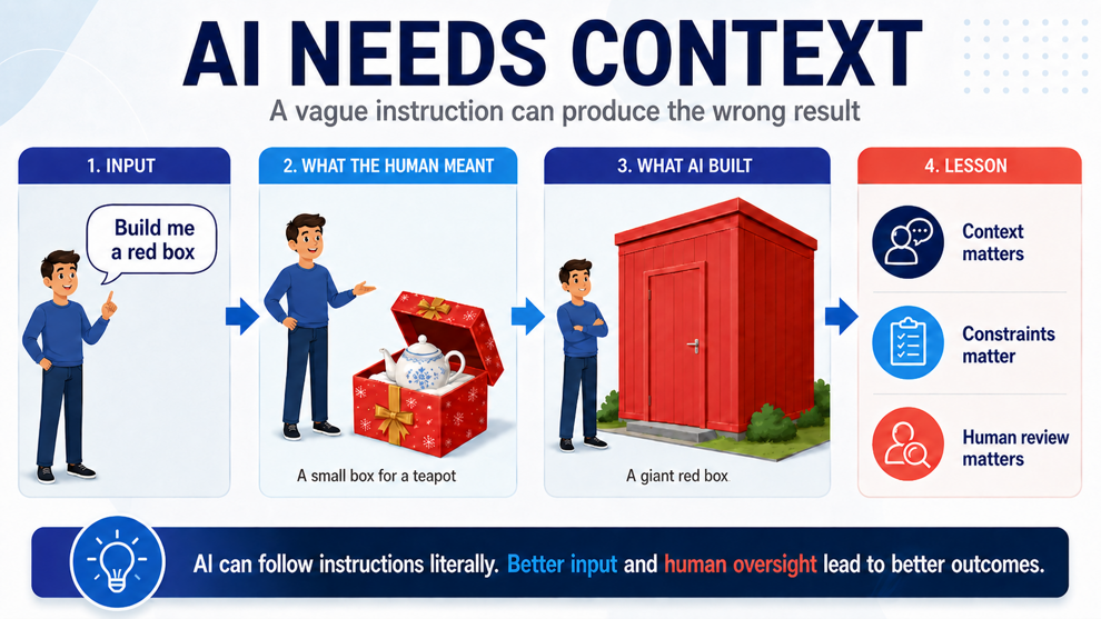 A simple illustration of why context, constraints and human review matter when AI is asked to act. Red box generated by ChatGPT. (Image: Anne Genge)