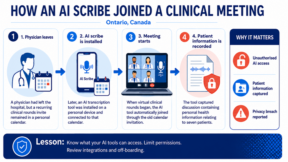 Sequence of events that allowed an unapproved AI transcription tool to access virtual clinical rounds at an Ontario hospital. (Image: Anne Genge)