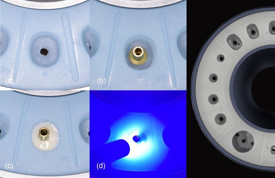 Fig. 9_Da a) a d): Generazione di un moncone personalizzato m1M con lo stampo VPI Cervico.