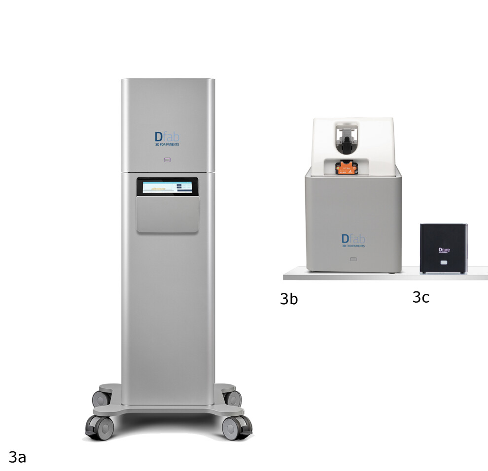 Figs. 3a–c: Dfab printer, chairside (a) and desktop versions (b), and Dcure post- polymerisation unit (c)