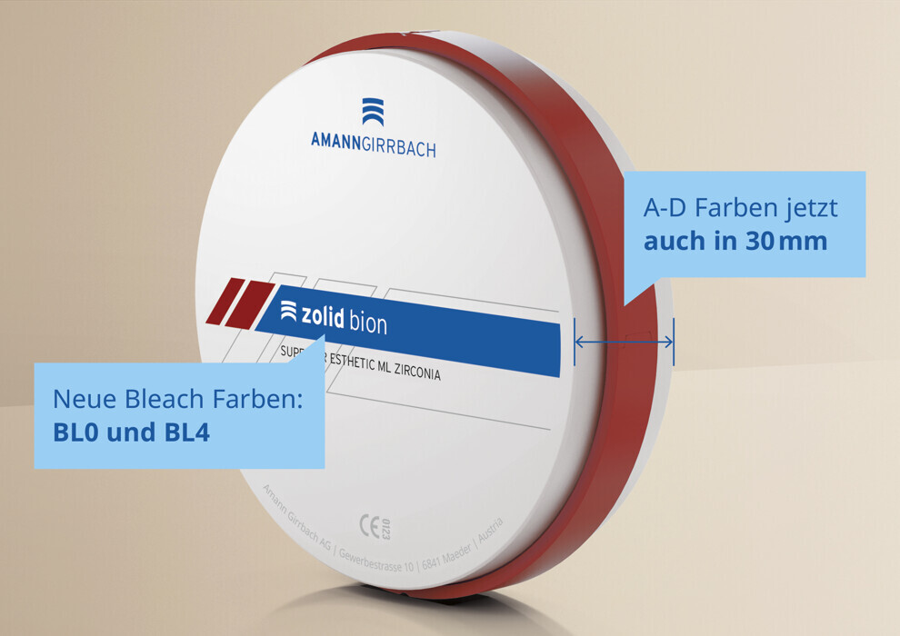 Ab jetzt ist Zolid Bion zudem in neuen Varianten erhältlich, darunter Bleach-Farben (BL0, BL4) sowie eine 30-mm-Rohling-Option in den Farbserien A bis D. (Bild: Amann Girrbach)