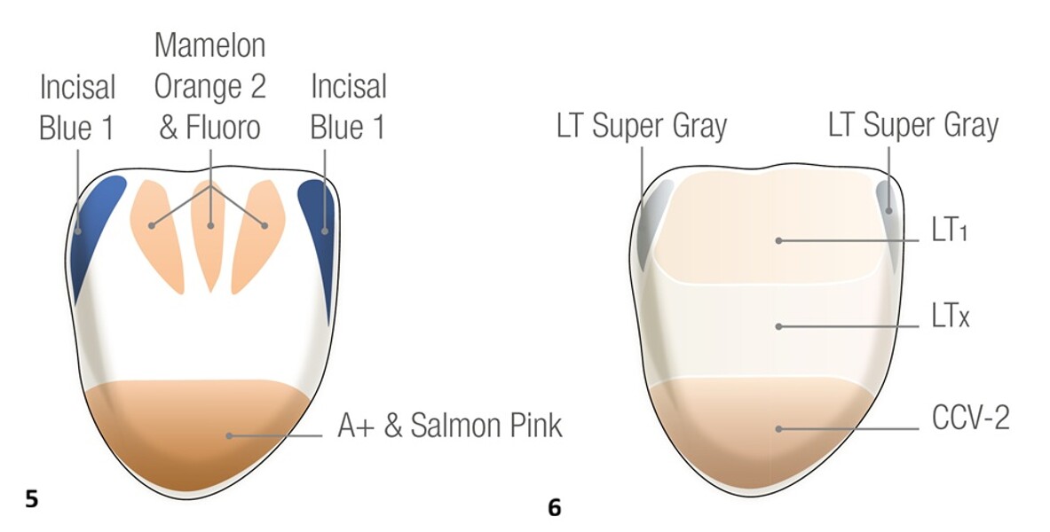 Fig. 5: Layering sketch for internal staining of the restorations. Fig. 6: Layering sketch for lustre porcelain application to the restorations. 
