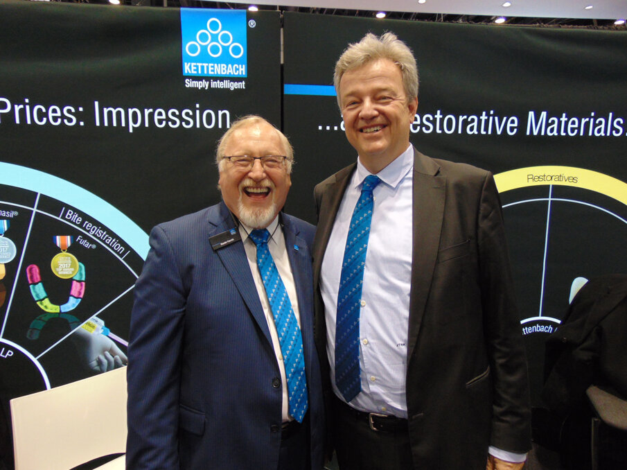 Daniel Parrilli, left, and Jens T.W. Kuhn of Kettenbach. (Photo: Fred Michmershuizen/Dental Tribune America)