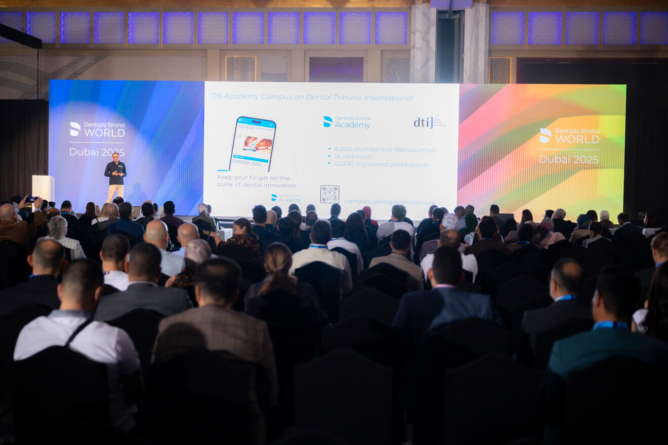 Rajender Kumar, general manager of Dentsply Sirona’s Middle East and North Africa commercial office, speaks to attendees about the DS Academy online learning platform.