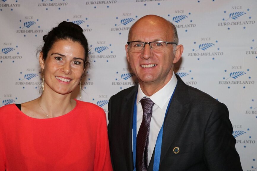Dr Lambert (left) and Petitbois at Euro Implanto. (Photograph: Philippe Alibert)