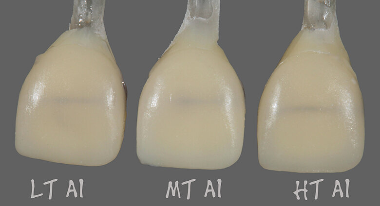 Fig. 2d: Differences in masking effect: veneering on the marked dies. MT and LT ingots provide a similar masking effect. MT ingots tend to have a slightly increased masking effect.
