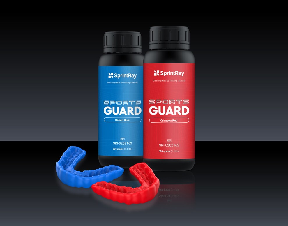 SprintRay SportsGuard, a material for 3D printing custom athletic mouthguards, will be available in crimson red, cobalt blue and clear. (Image: SprintRay)