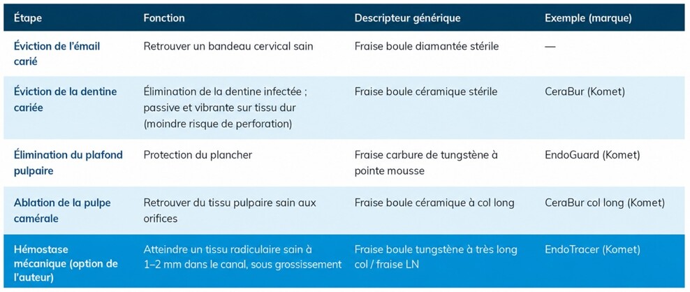 Tableau 2 : Séquence instrumentale du protocole de pulpotomie totale (le descripteur générique prime ; la marque est donnée à titre d’exemple).