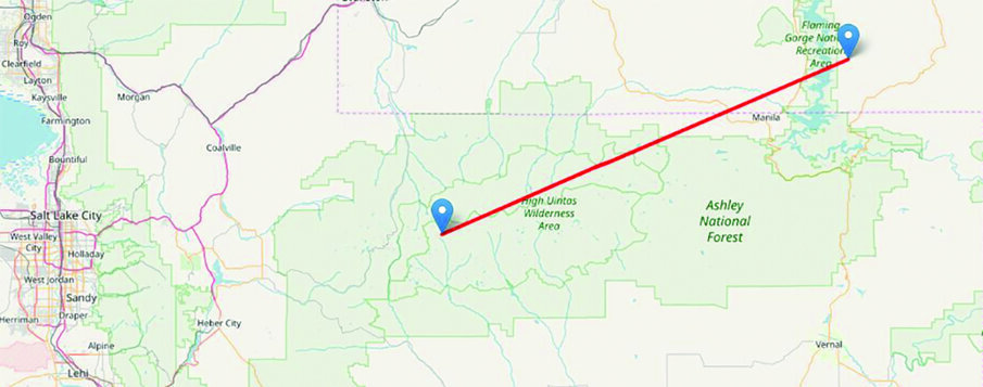 The point on the left marks where the payload landed, roughly 70 miles from the anticipated landing spot of Flaming Gorge Reservoir.