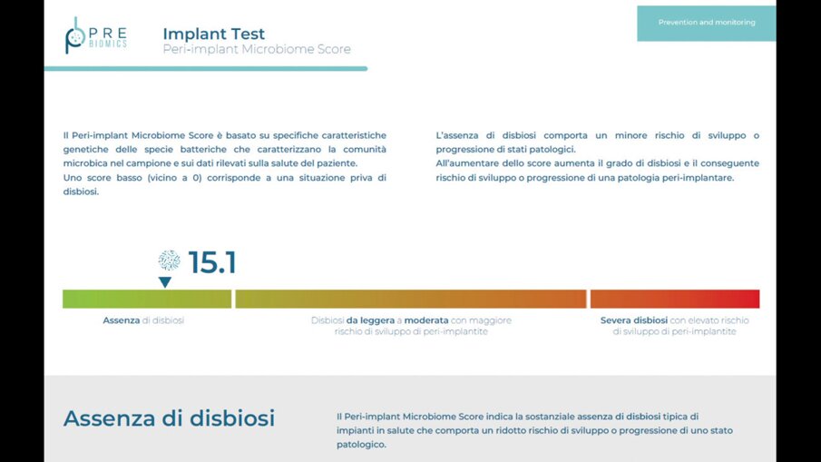 Fig. 10 - Estratto da referto PIT - Peri-implant Microbiome Score al controllo a 3 mesi: 15.1 (assenza di disbiosi).
