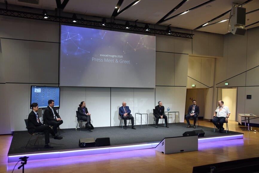 From left: Director of DOF Europe Gregory Park, Global Product Management iTero Align Technology Christophe Dorian, exocad CEO and co-founder Tillmann Steinbrecher, President exocad America Larry Bodony, exocad CCO Novica Savic, Account Manager Shining 3D Riccardo Molinelli and Vice President Medit EMEA Laurence Grice-Roberts at the Monday morning press conference. Christian Ermer, who is the Chief Marketing Officer at Amann Girrbach, joined via a video call since he was not able to travel. (Image: Dental Tribune International)