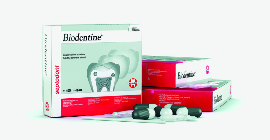 Fig. 8 : Biodentine est un matériau de restauration bioactif qui induit une reminéralisation, la formation d’un dépôt d’hydroxyapatite et la régénération du tissu vivant