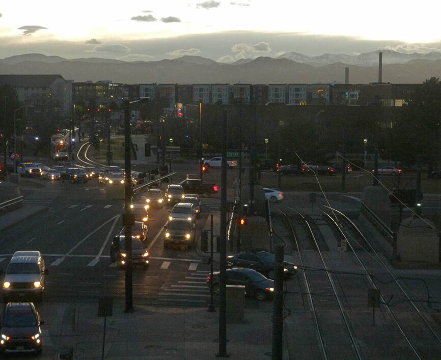 Looking across the west Denver metro area from the Colorado Convention Center to the snow-covered peaks of the state's Front Range — just outside of the RMDC Expo Hall on Friday evening.